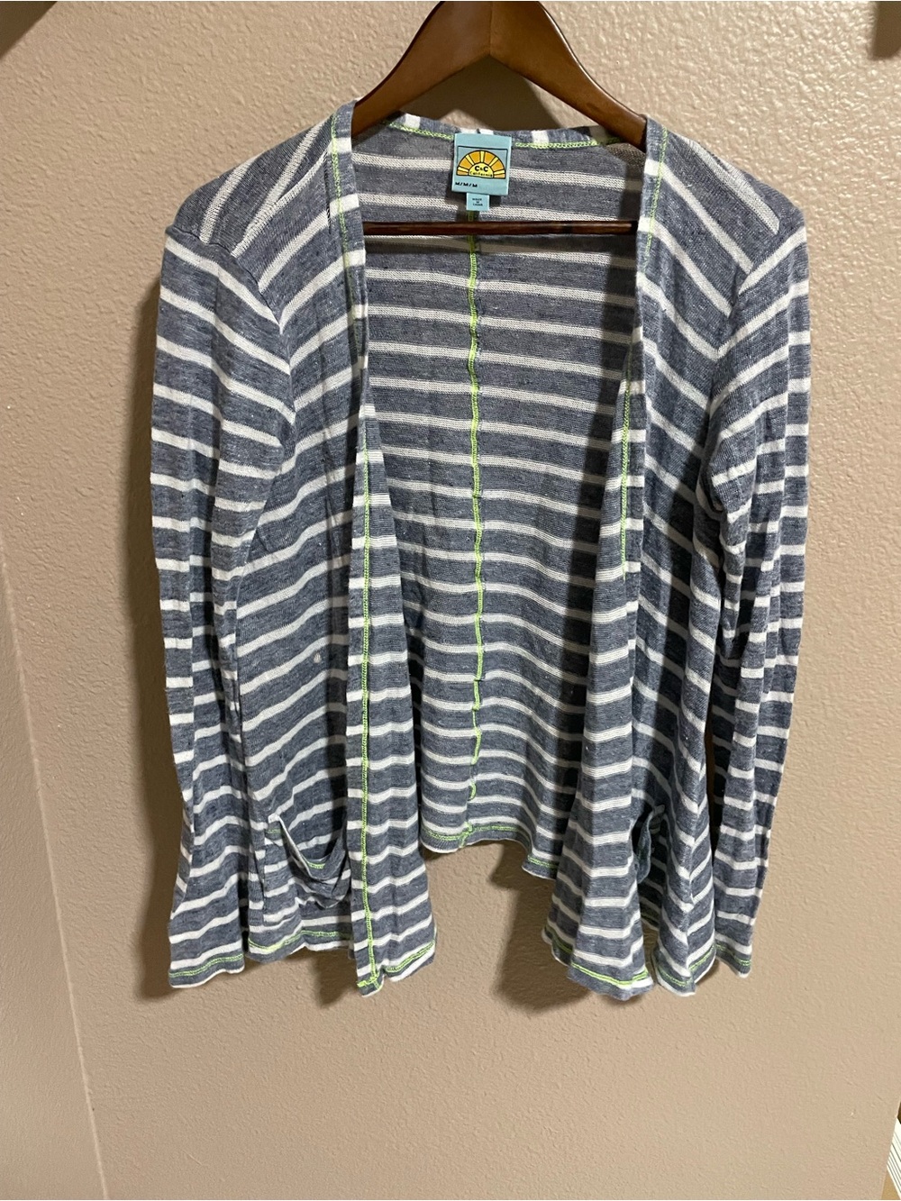 C&C California linen blue and White Striped Open-Front Cardigan with Neon Trim